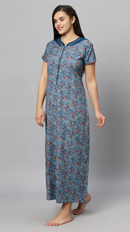 Sukanya Women's Blue Formal Lounge Wear Dress - Poly Cotton, Long, Half Sleeves
