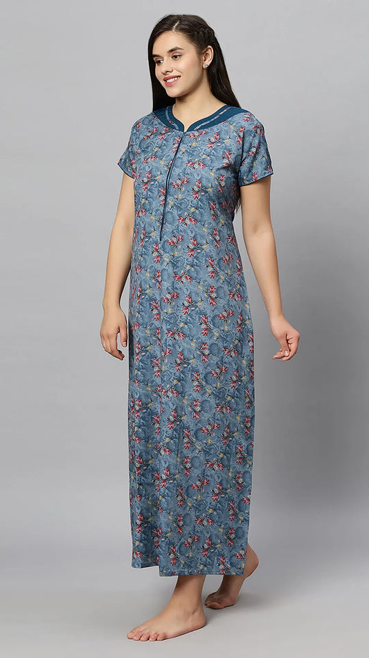 Sukanya Women's Blue Formal Lounge Wear Dress - Poly Cotton, Long, Half Sleeves
