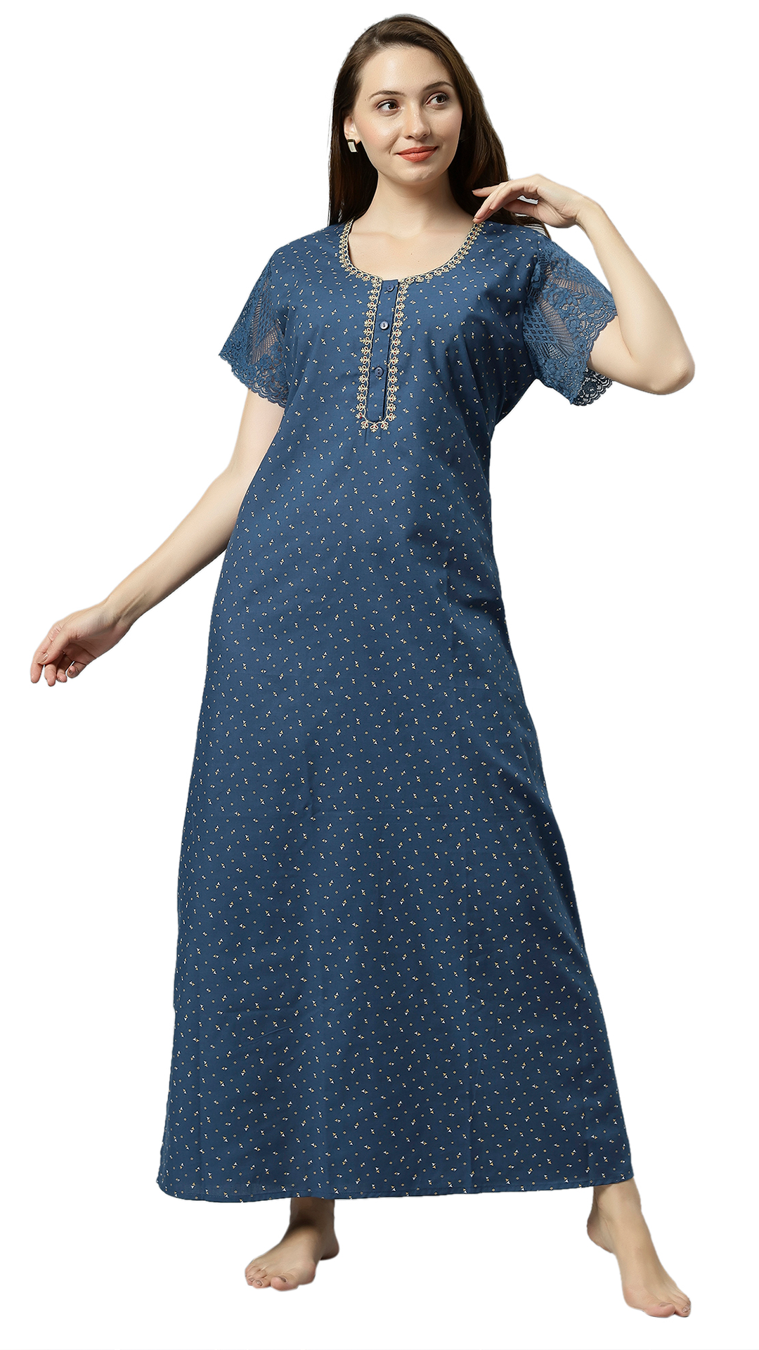 Sukanya Women's Embroidered Poly Cotton Lounge Wear Gown -  Regular Fit, Ideal For Women's, Lounge Wear, Half Sleeves, Round Neck