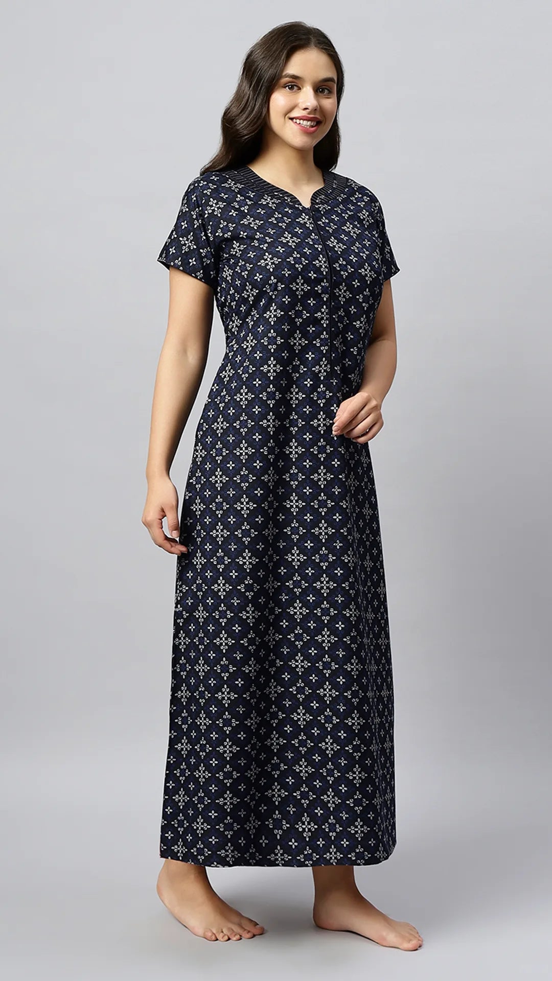 Sukanya Women's Geometrical Lounge Wear Gown - Coffee, Blue & Wine Poly Cotton, Regular Fit, Half Sleeves, Round Neck