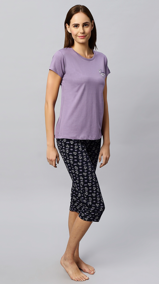 Sukanya Women's Printed Lounge Wear Top & Capri Set - Purple, Regular Fit, Ideal For Women's, Lounge Wear Outfit, Sinker Fabric, Half Sleeve, Round Neck