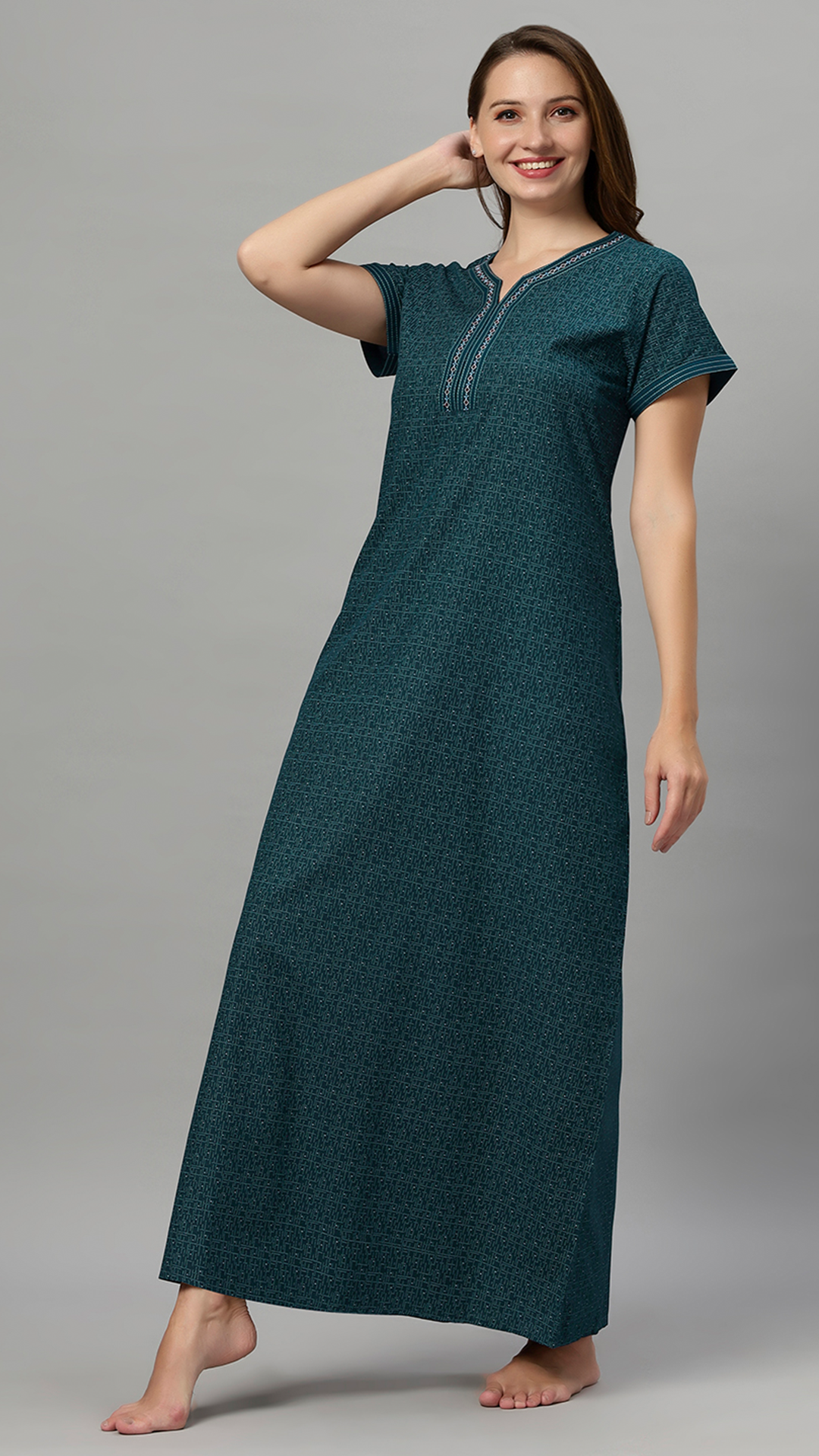 Sukanya Women's Printed Gowns - Poly Cotton, Regular Fit, Lounge Wear, Sukanya Women's Printed Gowns - Poly Cotton, Regular Fit, Lounge Wear, Half Sleeves, V Neck, Green, Blue & MaroonSleeves, V Neck