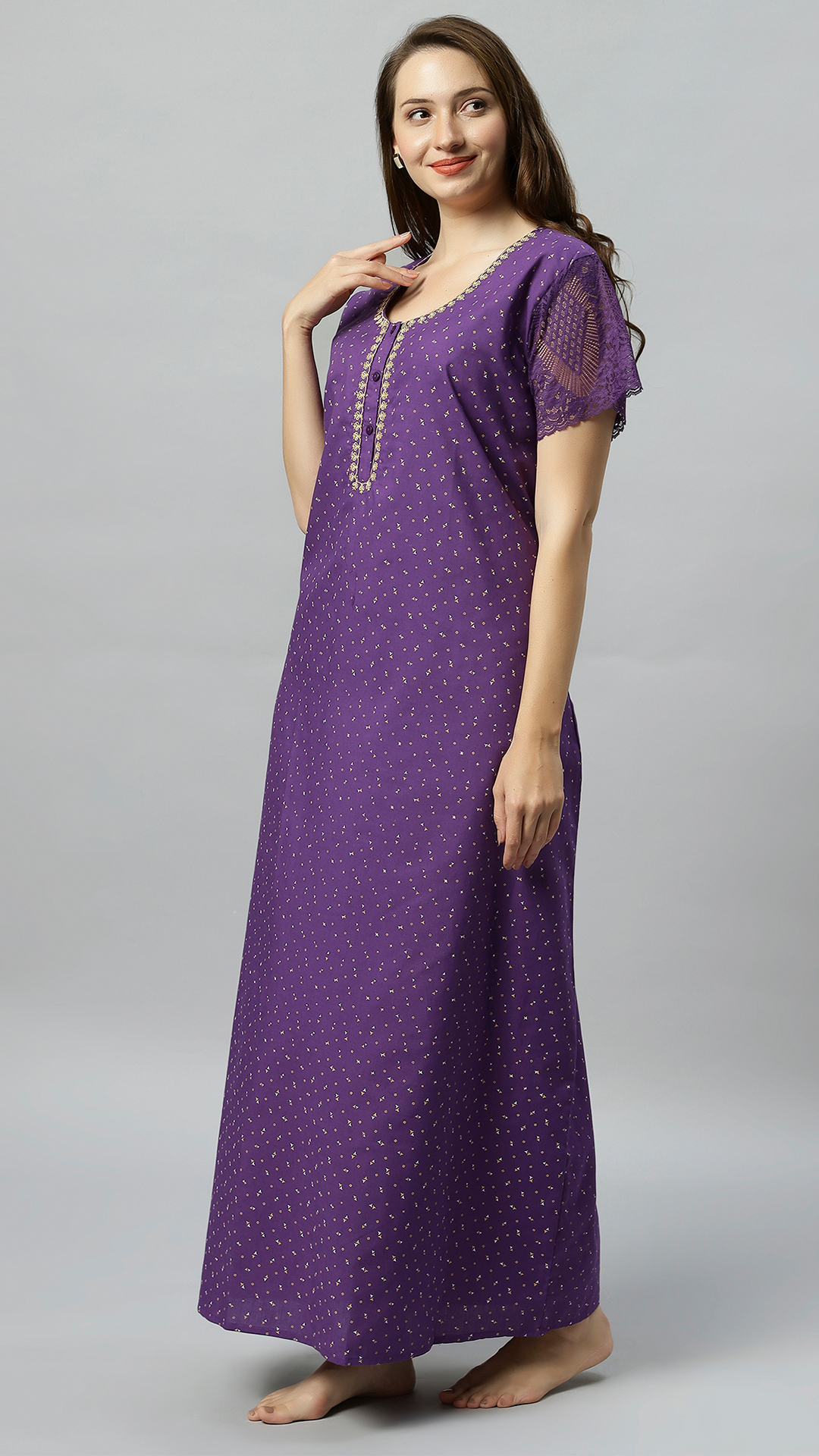 Sukanya Women's Embroidered Poly Cotton Lounge Wear Gown -  Regular Fit, Ideal For Women's, Lounge Wear, Half Sleeves, Round Neck