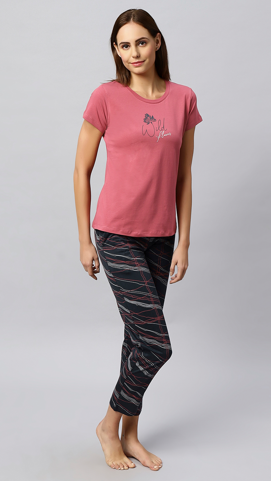 Sukanya Women's Lounge Wear Top & Pyjama Set - Dark Pink, Printed, Sinker Fabric, Regular Fit, Half Sleeve, Round Neck