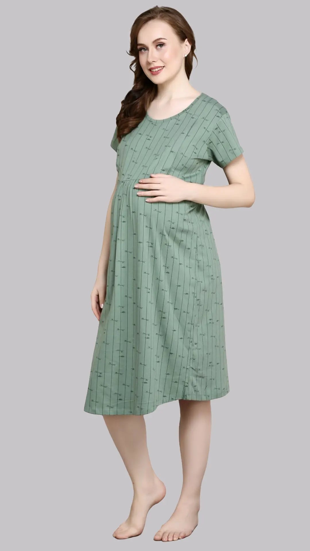 Sukanya Women's Cotton  Calf Length Maternity Nighty / Green Printed Half Sleeves Round Neck