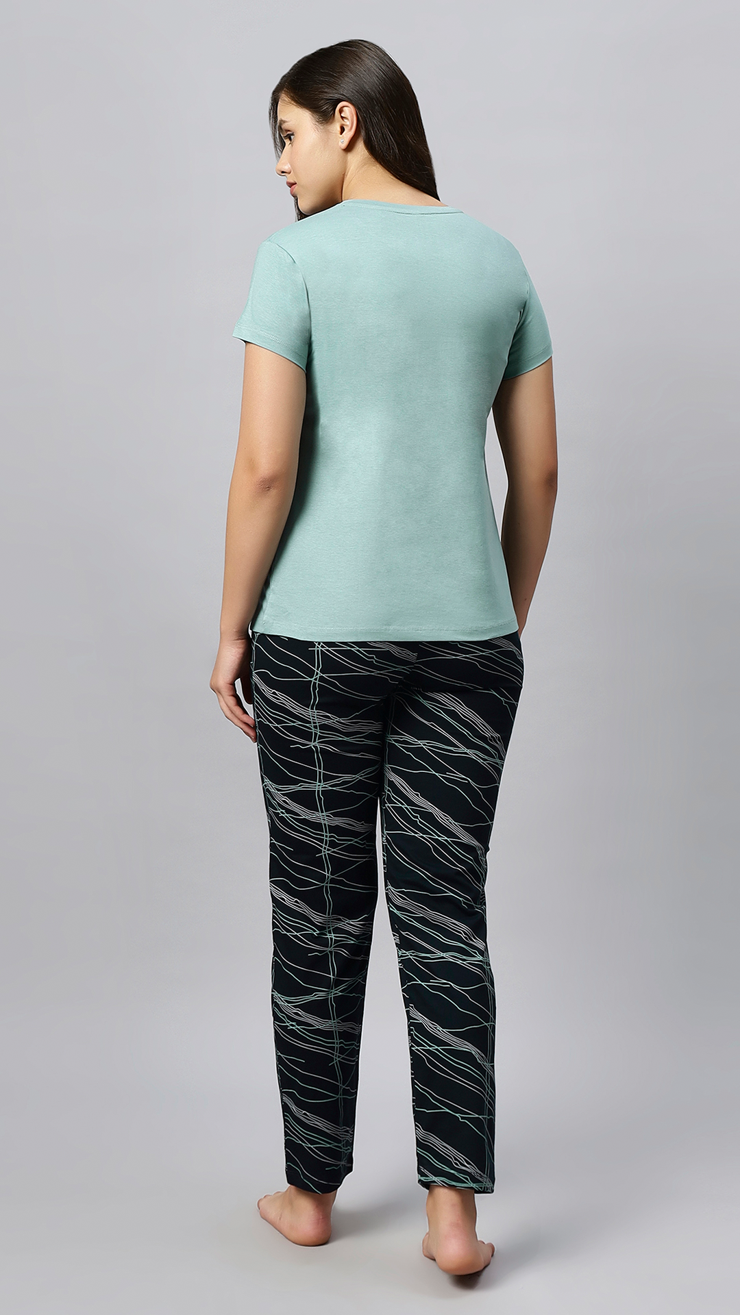 Sukanya Women's Printed Top & Pyjama Set, Regular Fit, Ideal For Lounge Wear, Sinker Fabric, Half Sleeve, Round Neck, Pista