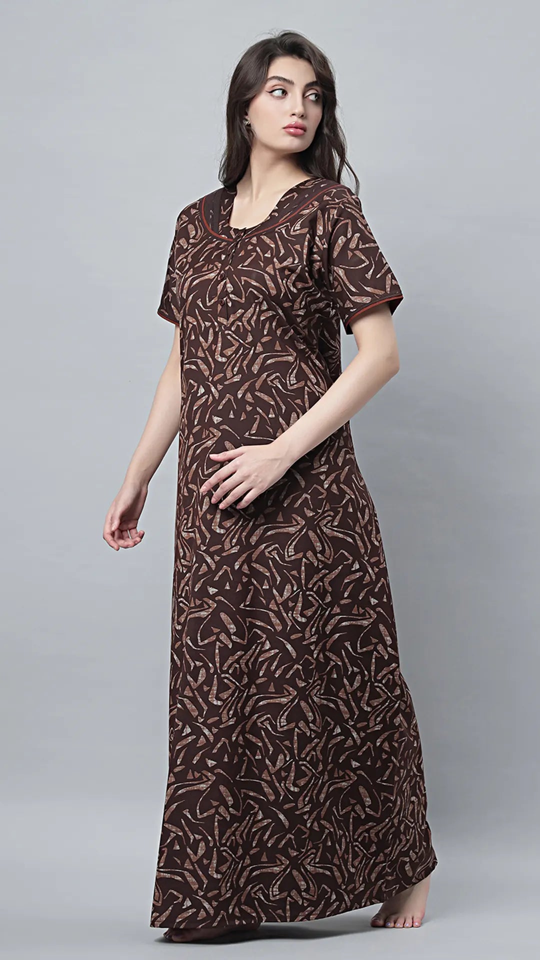 Sukanya Women's Black Cotton Blend Printed Nighty - Half Sleeves, Round Neck, Long