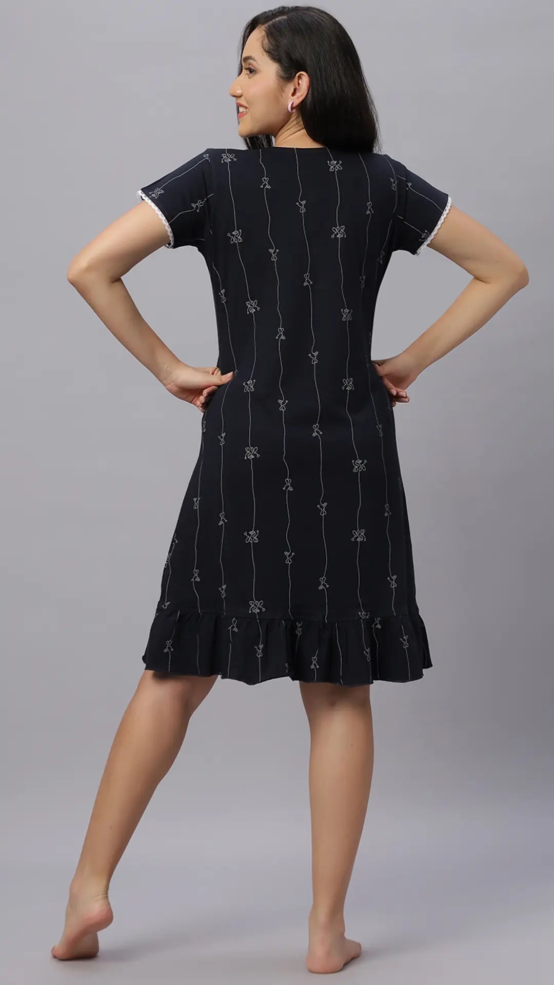 Sukanya  Women's Printed Lounge Wear Gown - Navy, Regular Fit, Ideal for Women's, Sinker Fabric, Half Sleeves, Round Neck