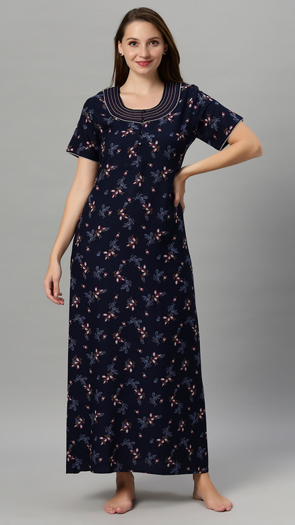 Sukanya Women's Leaf Print Lounge Wear Gown -VISCOSE POLYSTER, Regular Fit, Half Sleeves, Round Neck