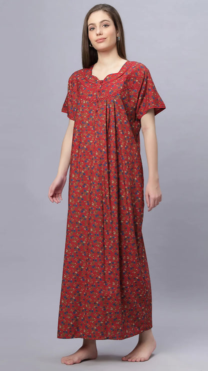 Sukanya Comfortable Women's Full Length Cotton Blend Half Sleeves Nighty, Red, Black & Blue, Soft and Elegant Print Sleepwear