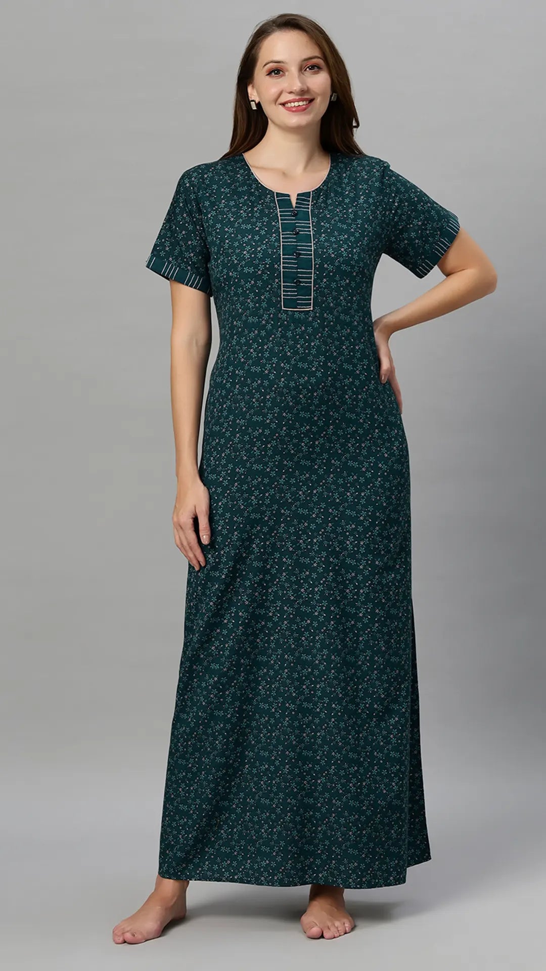 Suaknya Women's Floral Print Lounge Wear Gown  Polly Cotton, Regular Fit, Half Sleeves, V Neck
