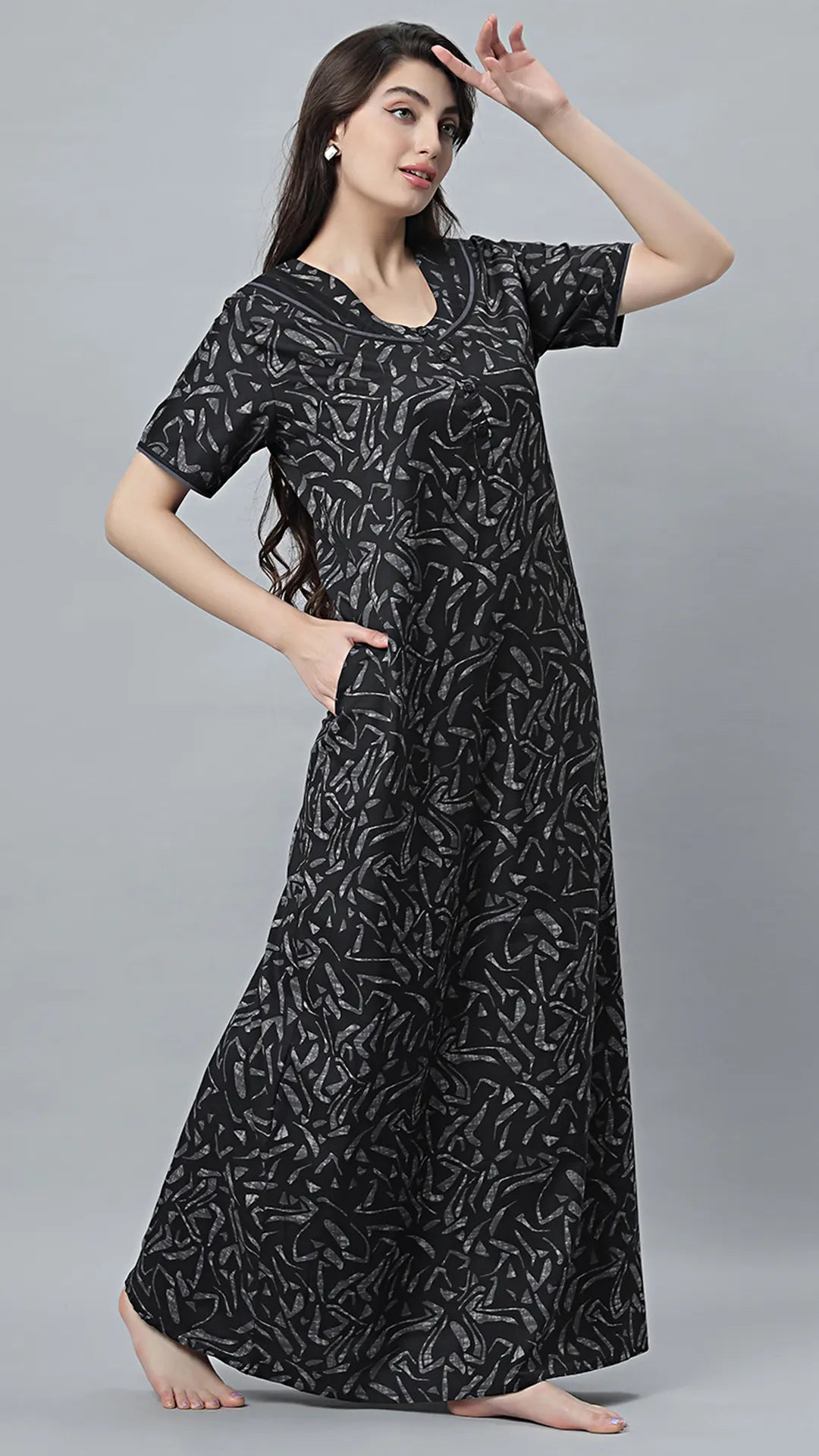 Sukanya Women's Black Cotton Blend Printed Nighty - Half Sleeves, Round Neck, Long