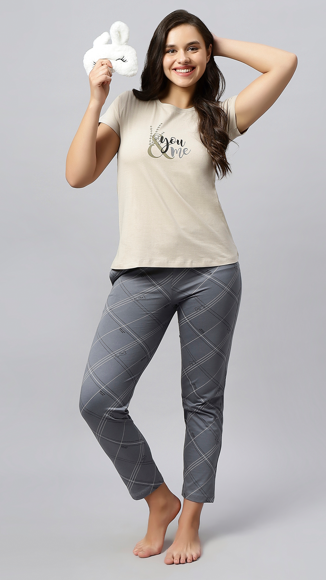 Sukanya Women's Printed Lounge Wear Top & Pyjama Set - Grey, Sinker Fabric, Regular Fit, Ideal For Women's, Lounge Wear, Half Sleeve, Round Neck