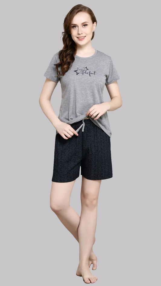 Sukanya  Women's Printed Sinker Bermuda Set | Regular Fit Loungewear | Ideal for Women | Lounge Wear Nightdress Bermuda Set Sleepwear | M. Grey Printed Half Sleeves Round Neck