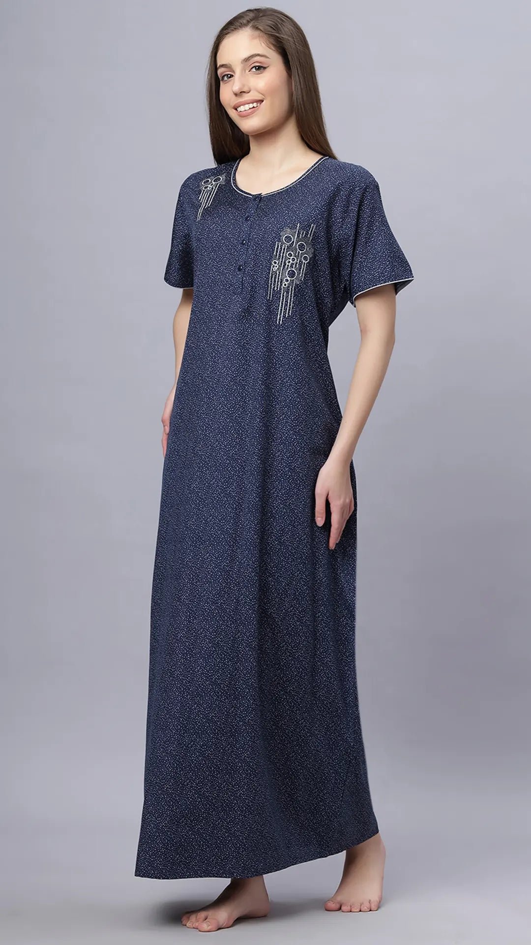 Sukanya Comfortable Women's Full Length Cotton Blend Half Sleeves Nighty, Black, Blue & Maroon, Soft and Elegant Print Sleepwear
