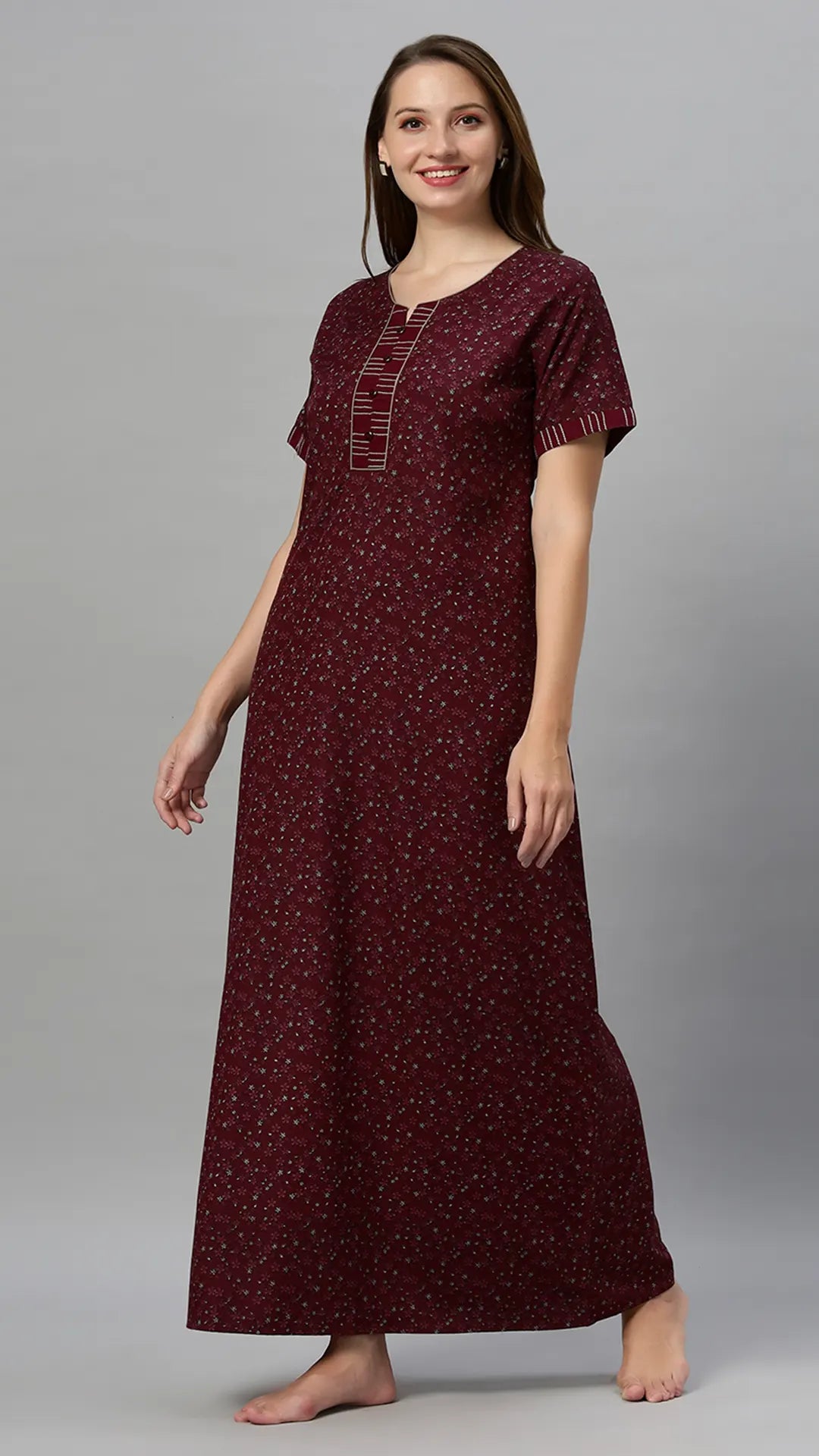 Suaknya Women's Floral Print Lounge Wear Gown  Polly Cotton, Regular Fit, Half Sleeves, V Neck