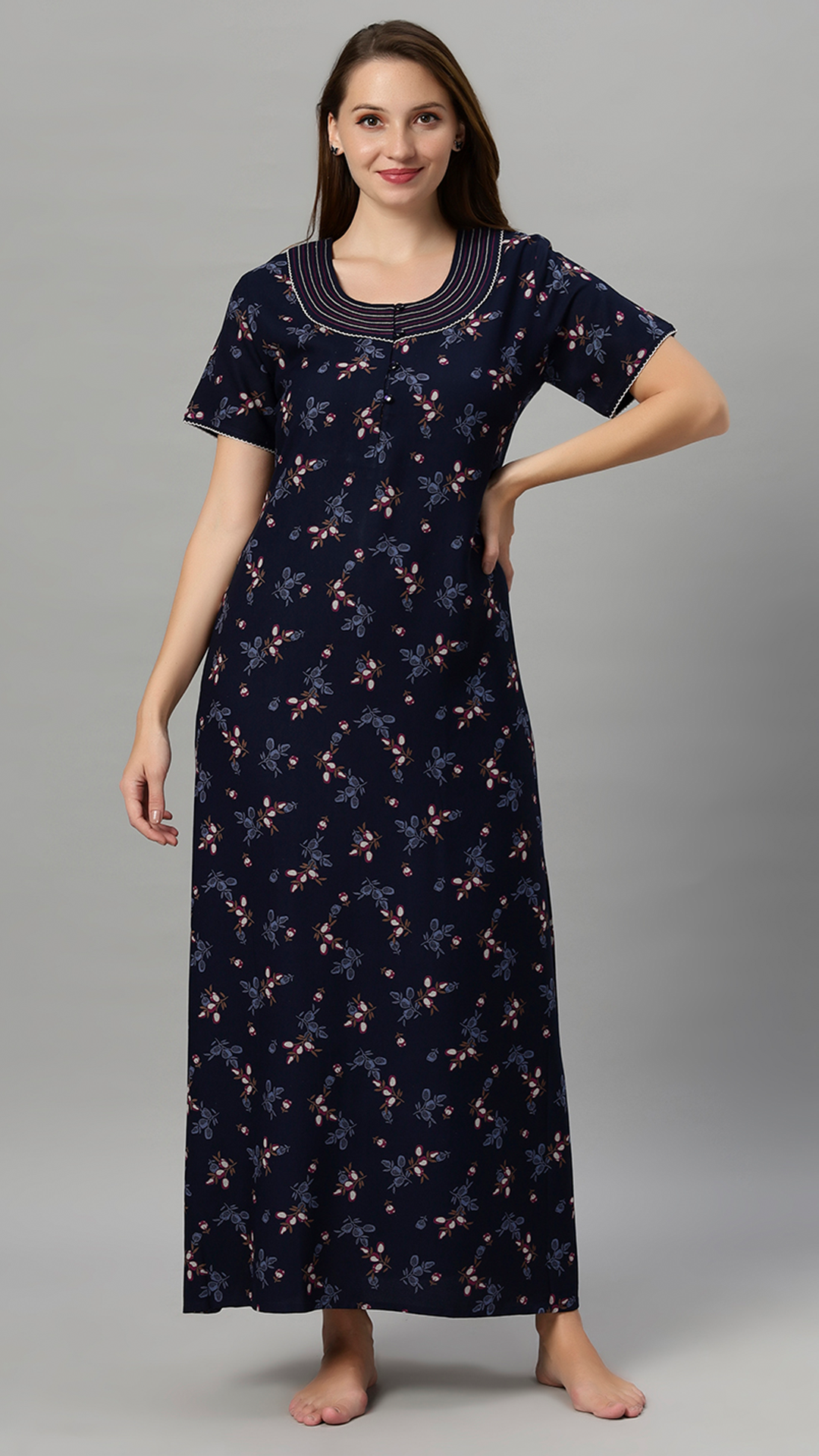 Sukanya Women's Leaf Print Lounge Wear Gown -VISCOSE POLYSTER, Regular Fit, Half Sleeves, Round Neck