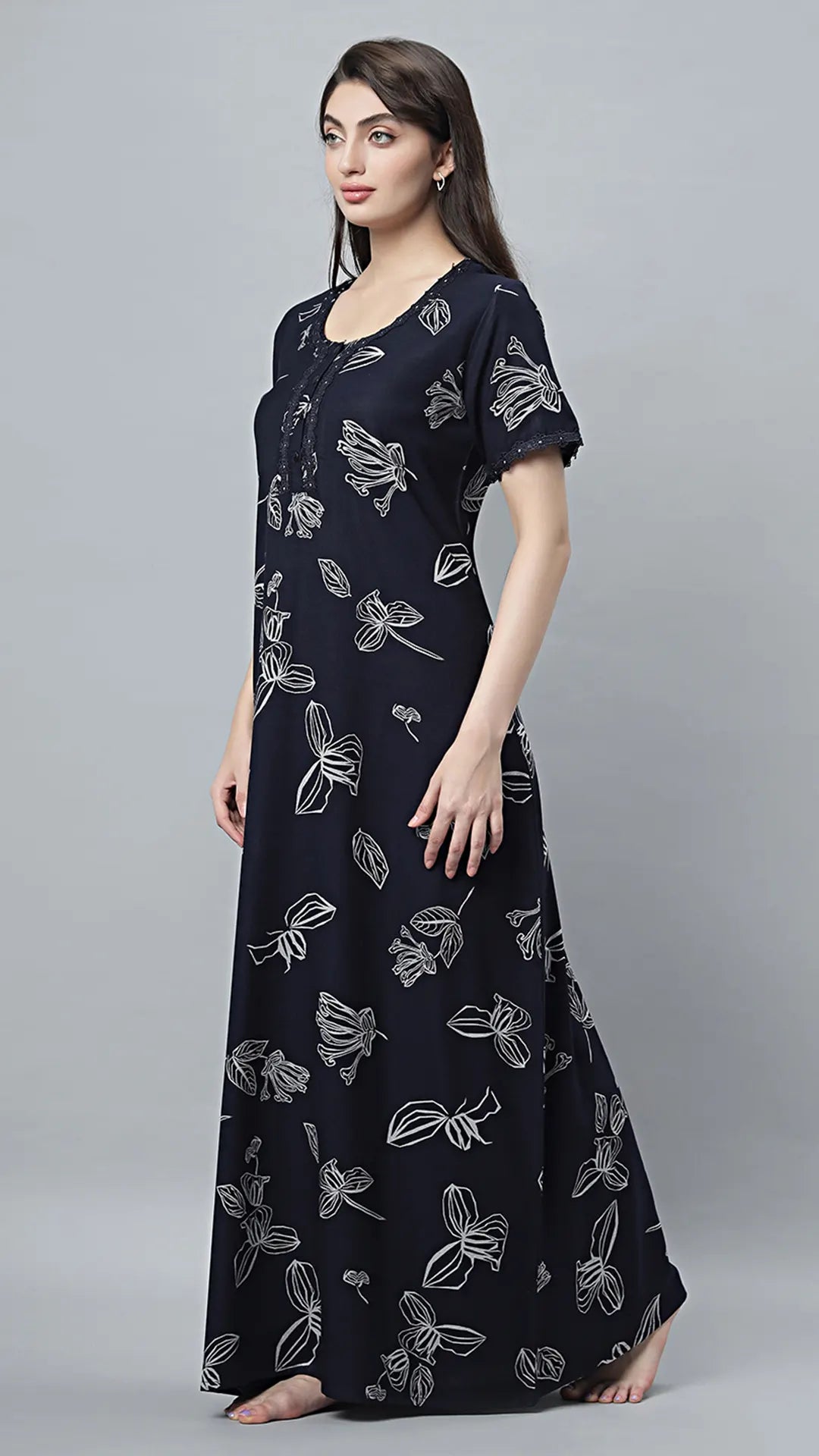 Sukanya Women's Black, Navy Blue & wine, Cotton Blend Printed Nighty - Half Sleeves, Round Neck, Long