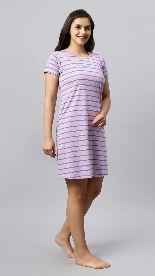 Sukanya Women's Printed Lounge Wear Gown - Onion Pink, Sinker Fabric, Regular Fit, Ideal for Women's, Occasion Type: Lounge Wear, Half Sleeves, Round Neck