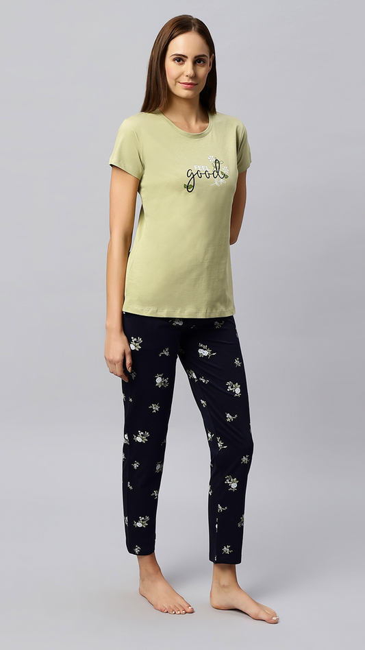 Sukanya Women's Printed Top & Pyjama Set, Pista, Regular Fit, Ideal For Lounge Wear, Sinker Fabric, Half Sleeve, Round Neck