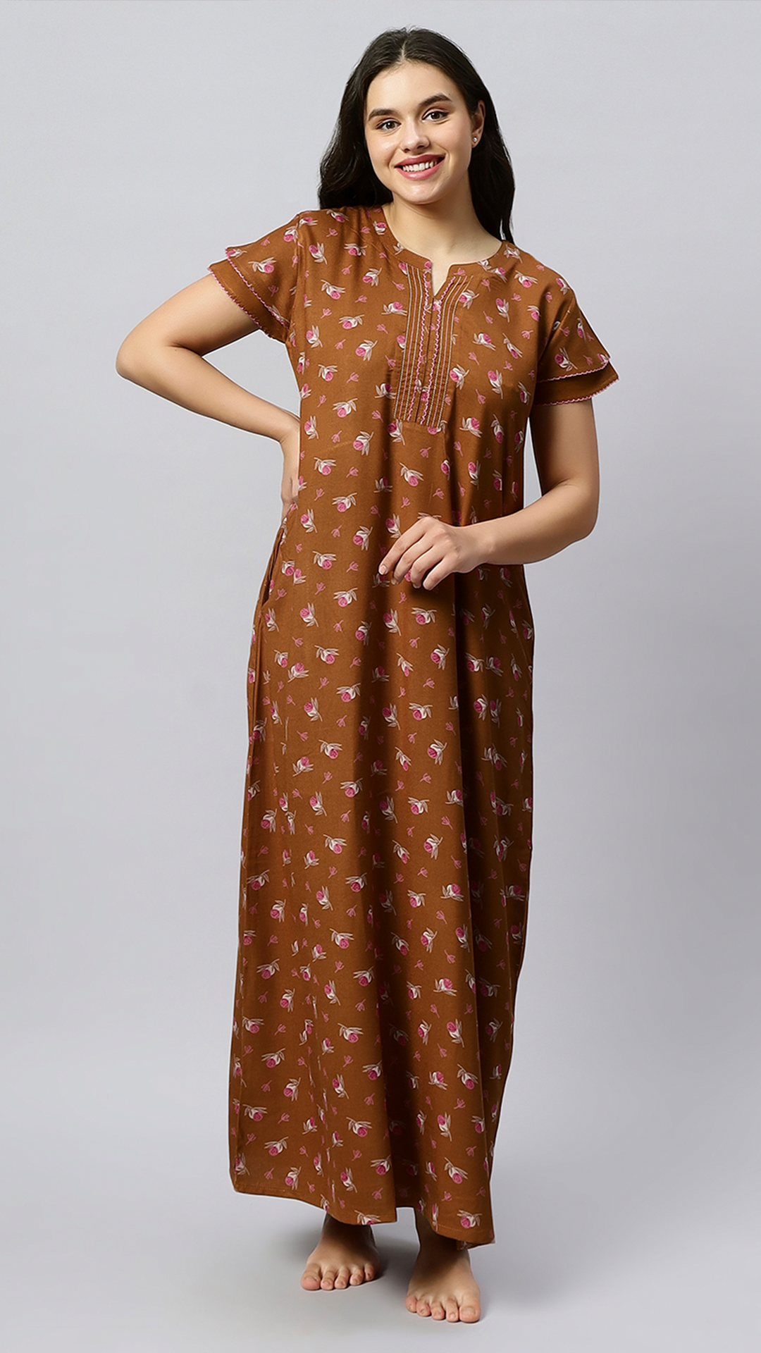 Sukanya Women's Floral Lounge Wear Gown - Regular Fit, Ideal for Women's, Lounge Wear,  Viscose Rayon, Floral, Half Sleeves, Round, Wine, Green & Mustard