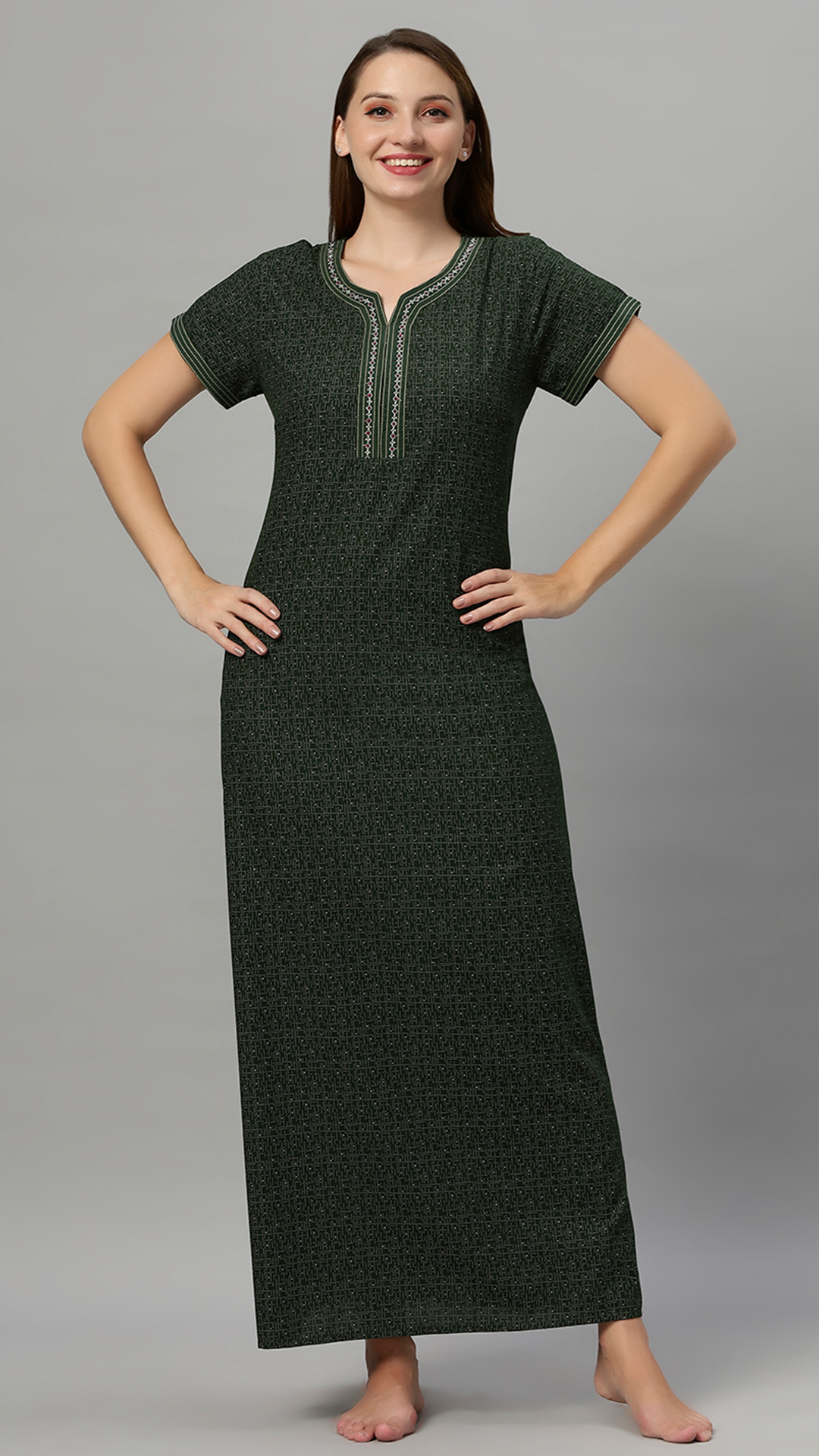 Sukanya Women's Printed Gowns - Poly Cotton, Regular Fit, Lounge Wear, Sukanya Women's Printed Gowns - Poly Cotton, Regular Fit, Lounge Wear, Half Sleeves, V Neck, Green, Blue & MaroonSleeves, V Neck