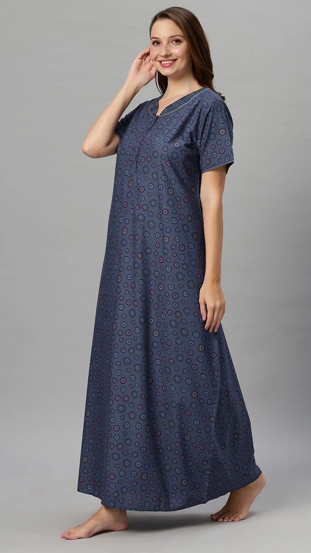Sukanya Women's Floral Printed Blue, Wine & brown Polly Cotton Lounge Wear Gown - Regular Fit, V Neck, Half Sleeves
