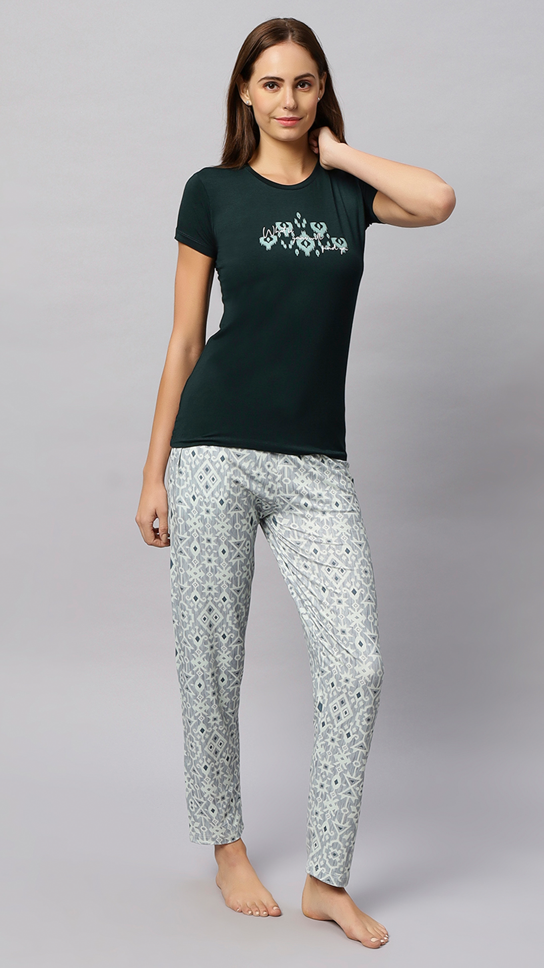Sukanya Women's Printed Lounge Wear Top & Pyjama Set - Dark Green, Regular Fit, Sinker Fabric, Half Sleeve, Round Neck