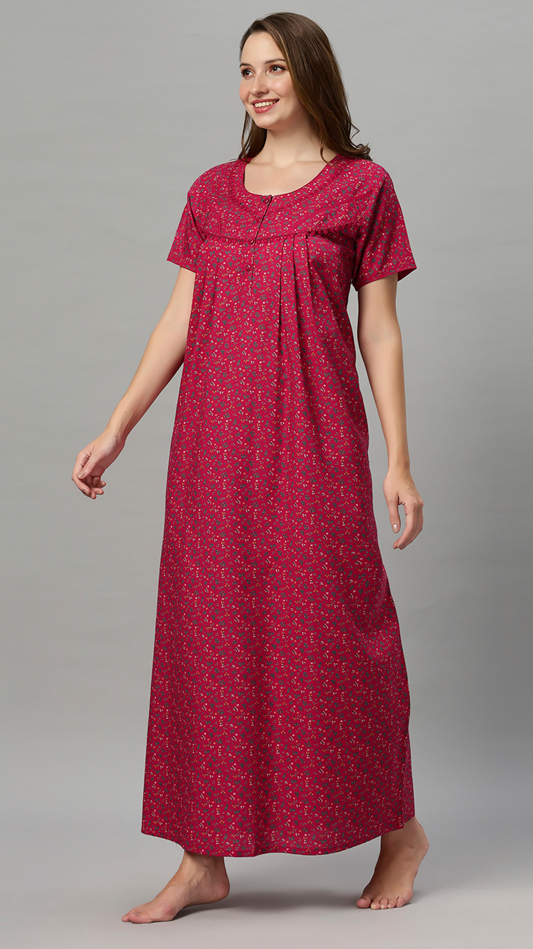 Sukanya Women's Floral Print Lounge Wear Gown - Poly Cotton, Regular Fit, Ideal For Women's, Lounge Wear, Flower Print, Half Sleeves, Round Neck, Blue, Red & Yellow