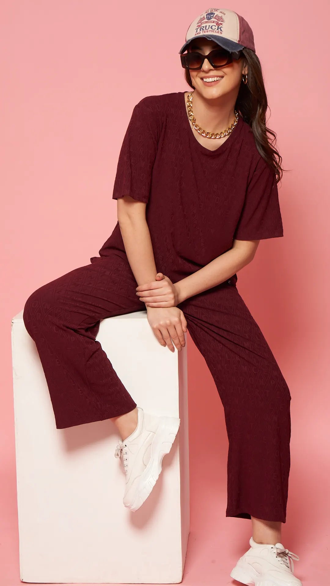 Lunica Women's Printed Sinker Nightsuit Set , Regular Fit Loungewear , Ideal for Women , Lounge Wear Nightdress Pyjama Set Sleepwear , Wine Printed Half Sleeves Round Neck