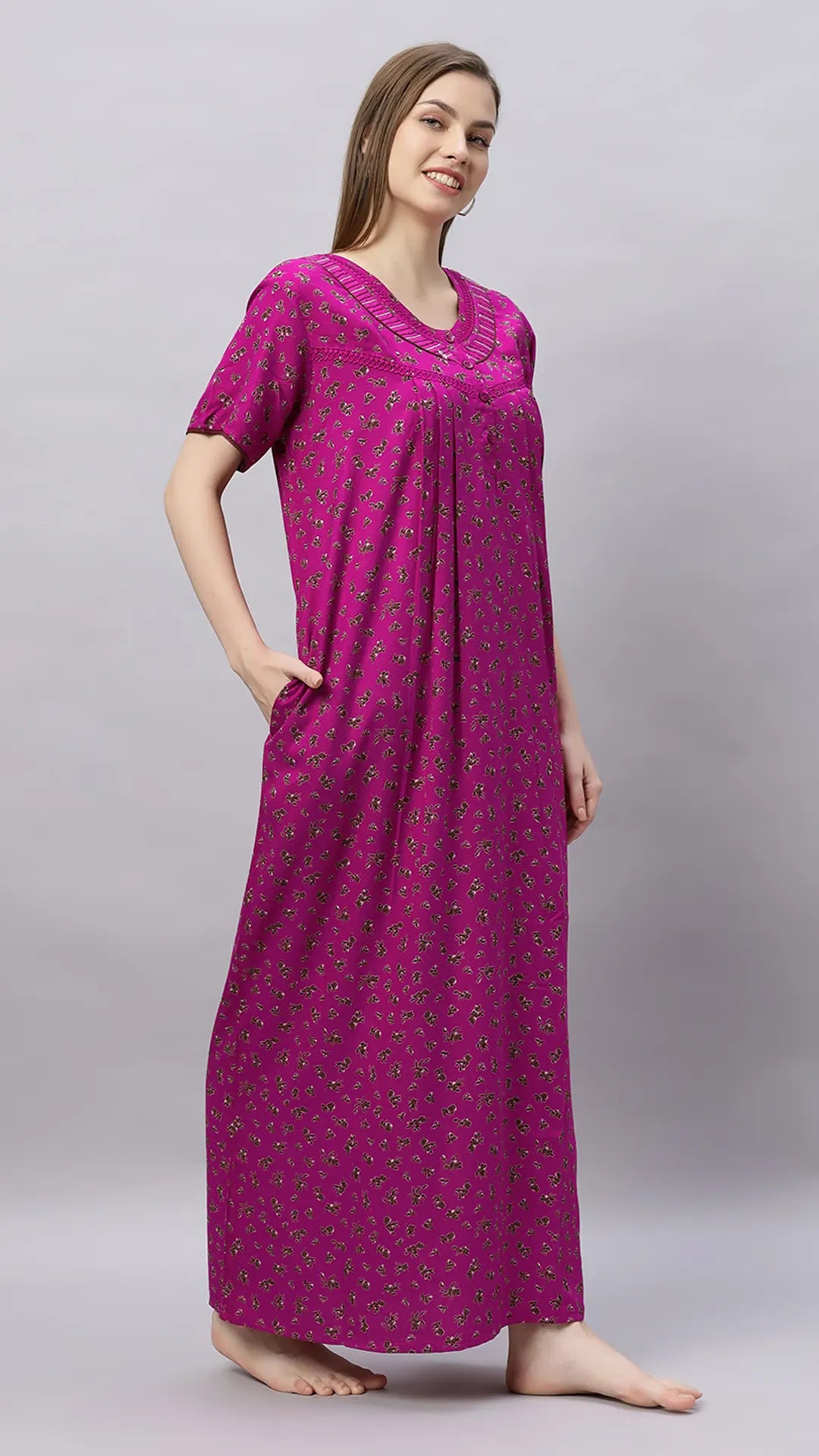 Sukanya Comfortable Women's Full Length Cotton Blend Half Sleeves Nighty, Soft and Elegant Print Sleepwear