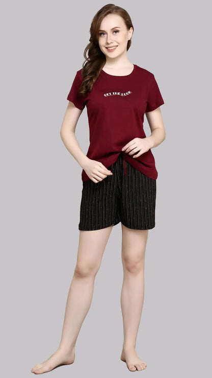 Sukanya  Women's Printed Sinker Bermuda Set | Regular Fit Loungewear | Ideal for Women | Lounge Wear Nightdress Bermuda Set Sleepwear | Maroon Printed Half Sleeves Round Neck
