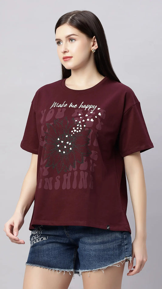 Lunica Women's  Lounge Wear  Seprate Top  - Wine , Looper Lycra, Regular Fit, Ideal For Women's, Lounge Wear, Half Sleeve, Round Neck
