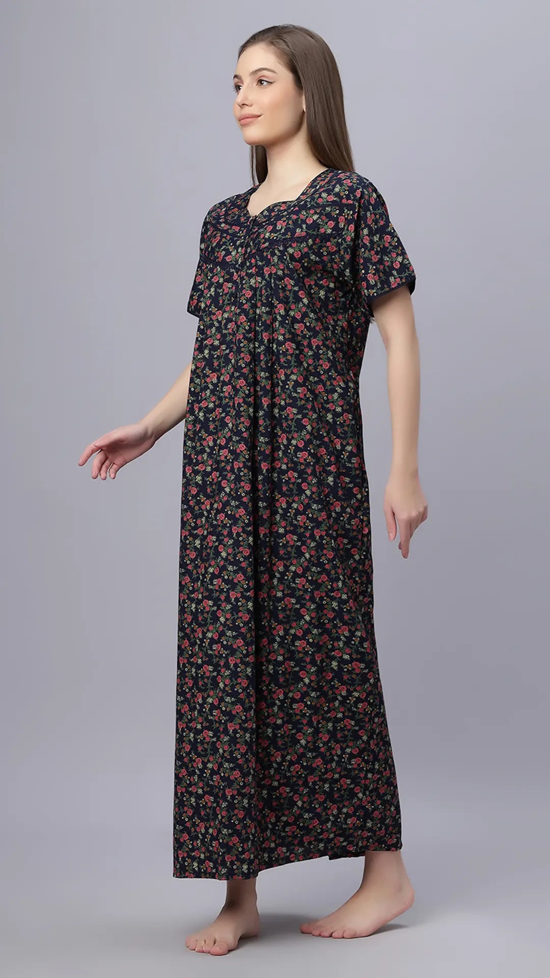 Sukanya Comfortable Women's Full Length Cotton Blend Half Sleeves Nighty, Red, Black & Blue, Soft and Elegant Print Sleepwear