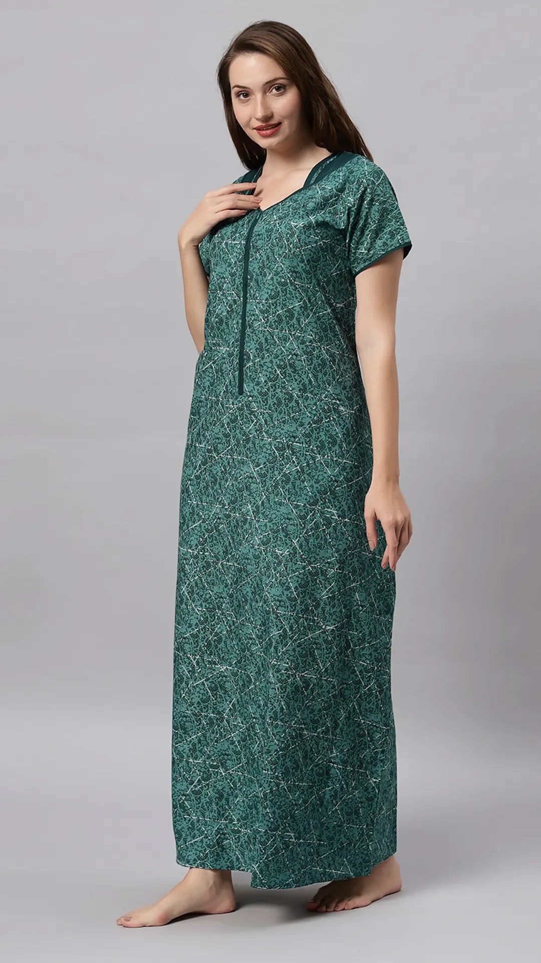Sukanya Women's Printed Poly Cotton Lounge Wear Gown - Brown, Regular Fit, Ideal For: Women's, Occasion: Lounge Wear, Sleeve Type: Half Sleeves, Collar Type: V-neck