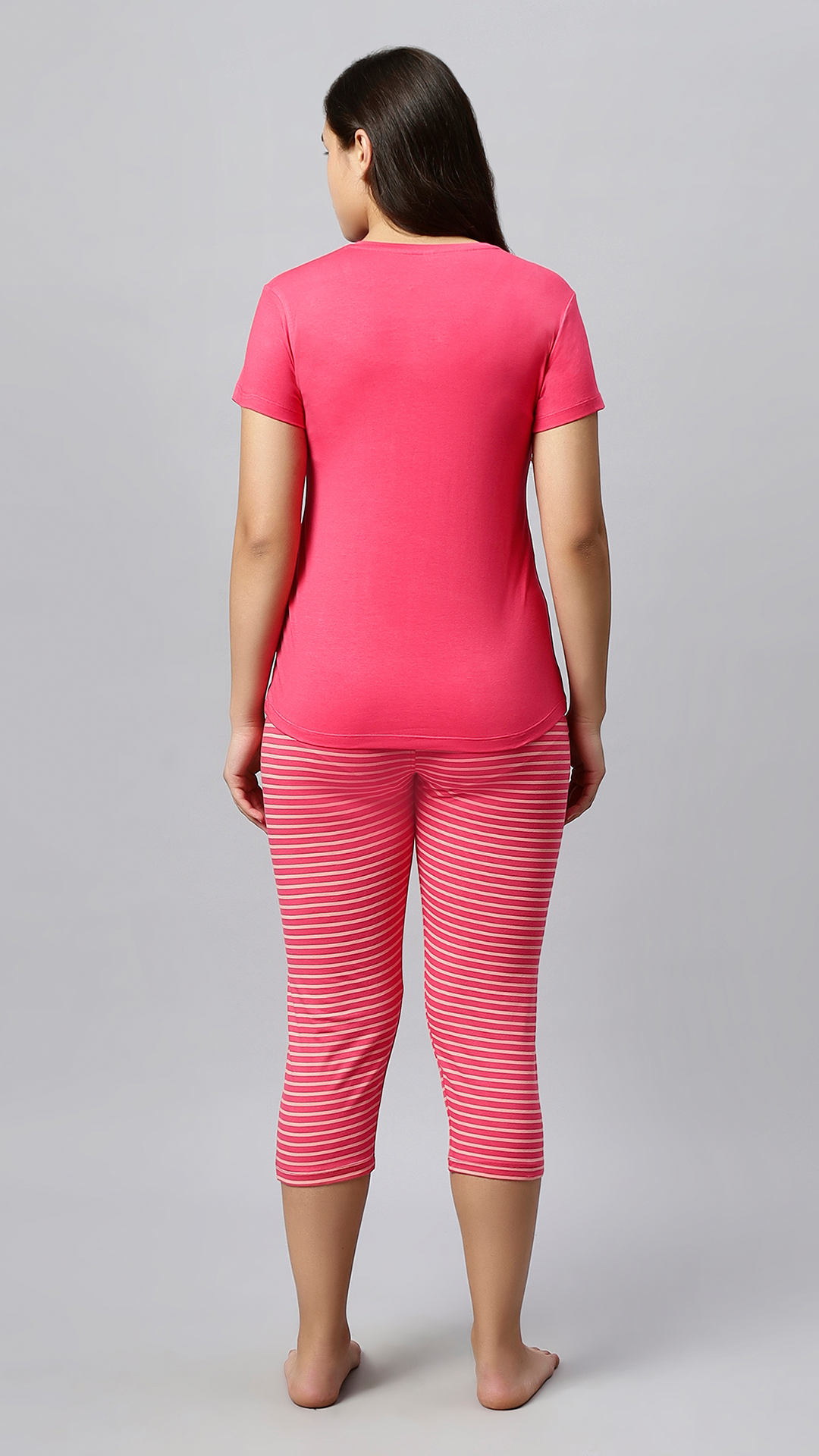Sukanya Women's Printed Lounge wear Top & Capri Set - Pink, Sinker Fabric, Regular Fit, Ideal For Women's, Lounge Wear, Half Sleeve, Round Neck
