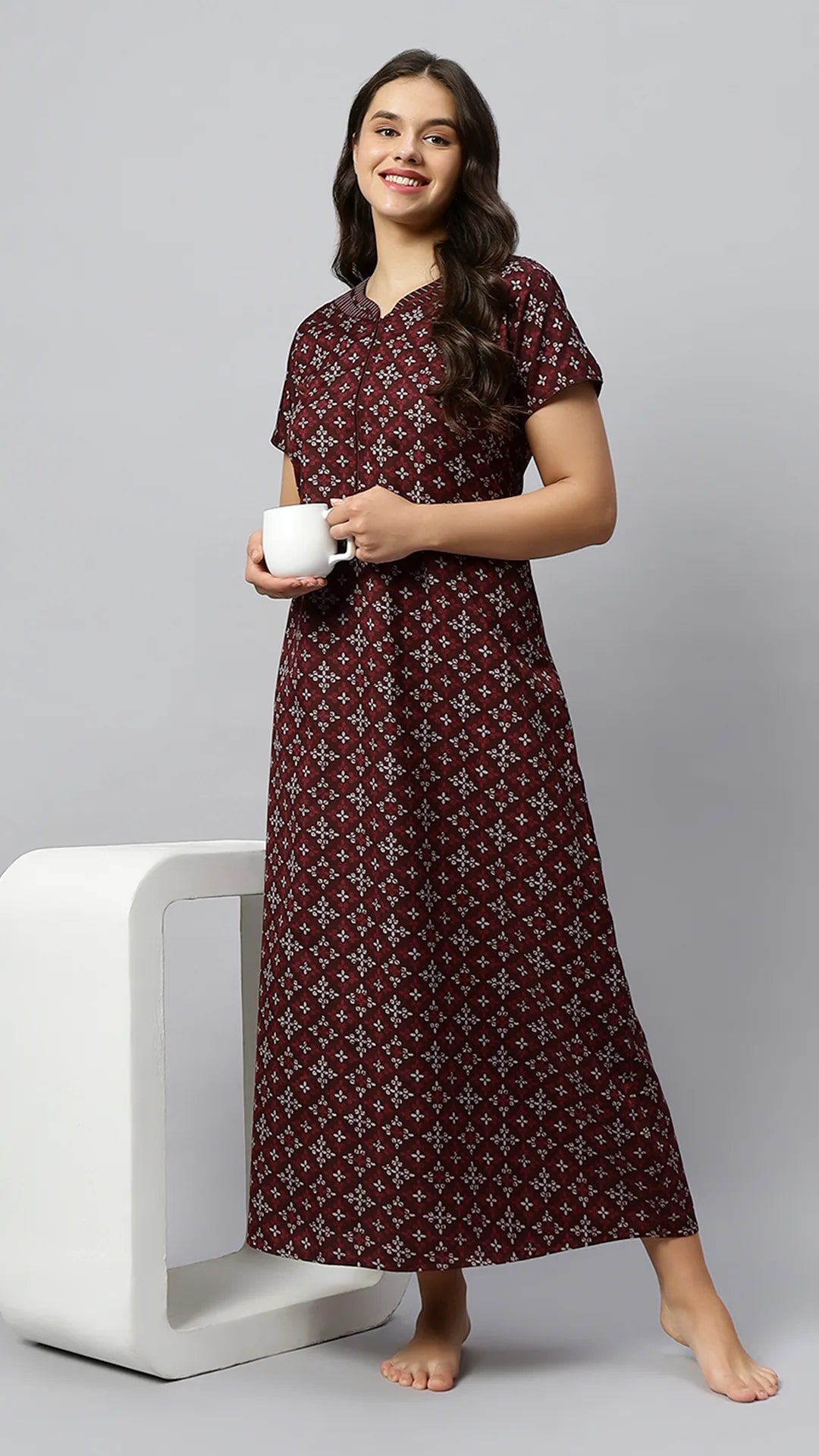 Sukanya Women's Geometrical Lounge Wear Gown - Coffee, Blue & Wine Poly Cotton, Regular Fit, Half Sleeves, Round Neck