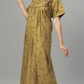 Sukanya Women's Floral Print Lounge Wear Gown - Polly Cotton, Regular Fit, Half Sleeves, Round Neck, Green, Yellow & Rust