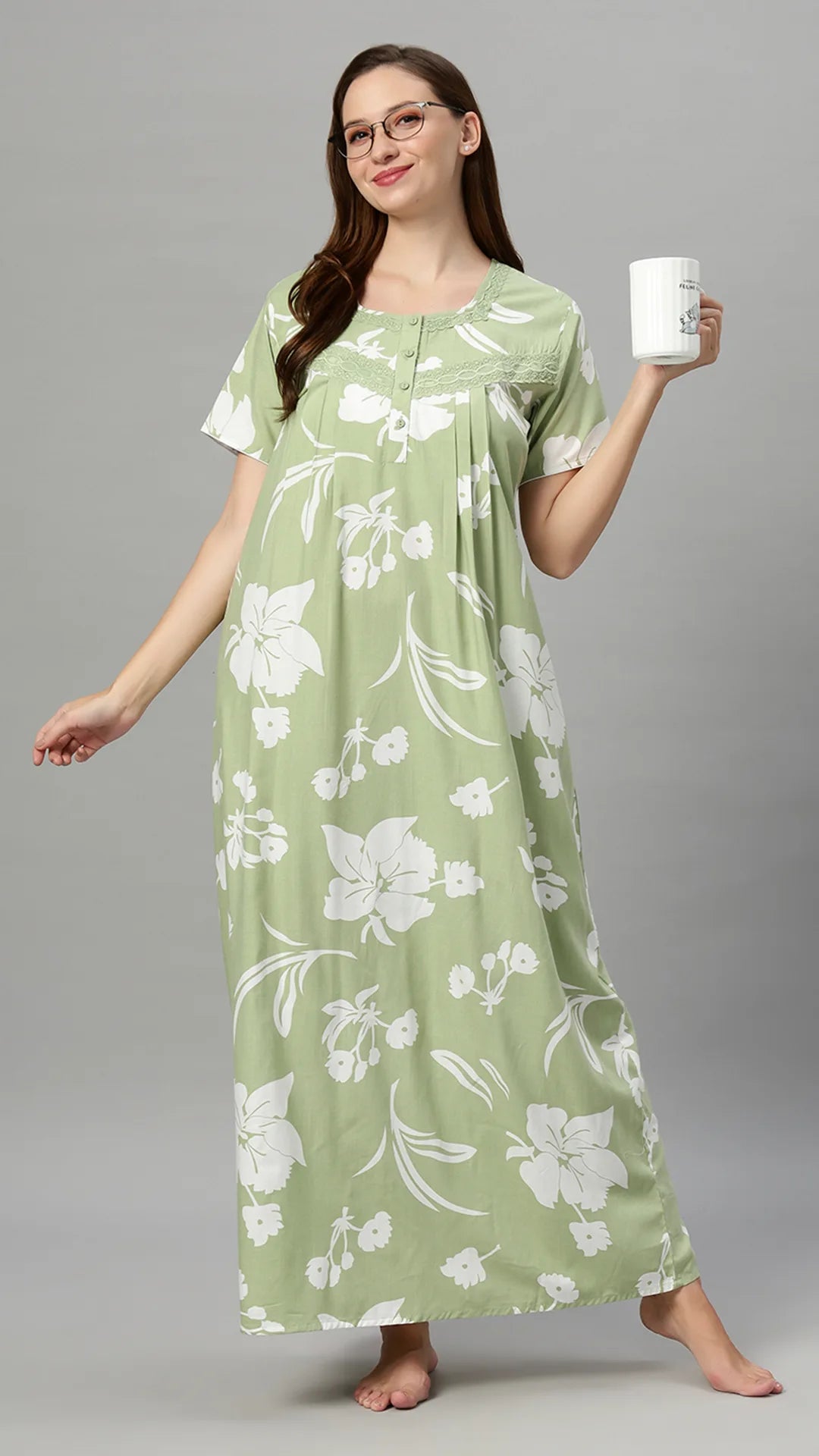 Sukanya Women's Floral Print Lounge Wear Gown -  Poly Cotton, Regular Fit, Half Sleeves, Round Neck, Light Purple, Light Green & Sky Blue