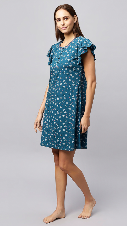 Sukanya Women's Printed Lounge Wear Gown - Green, Regular Fit, Ideal For Women's, Occasion Type: Lounge Wear,  Sinker, : Half Sleeves, Green,  Round Neck