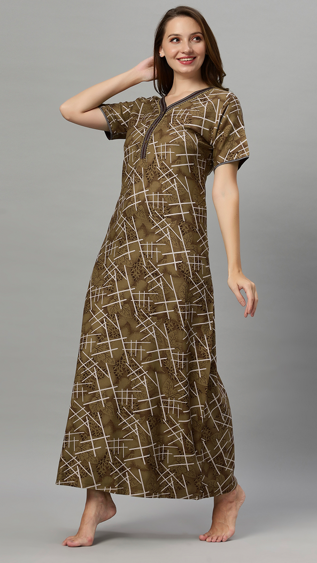 Sukanya Women's Printed Lounge Wear Gown -  Regular Fit, Ideal For: Women's, Occasion Type: Lounge Wear, Fabric Type: Viscose Polyster, Sleeve Type: Half Sleeves, Color: Mustard, Collar: V neck