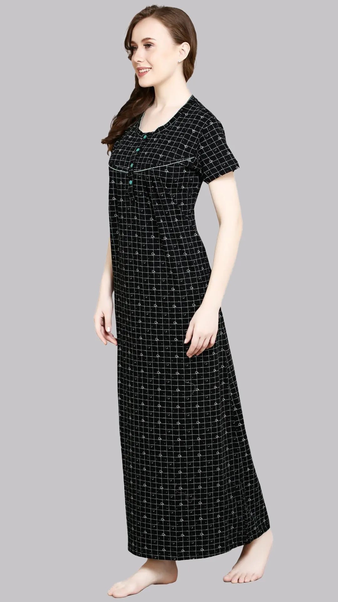 Sukanya  Women's Printed Sinker Nightsuit Set | Full Nighty Lounge Wear Nightdress Pyjama Set Sleepwear | Black Printed Half Sleeves Round Neck