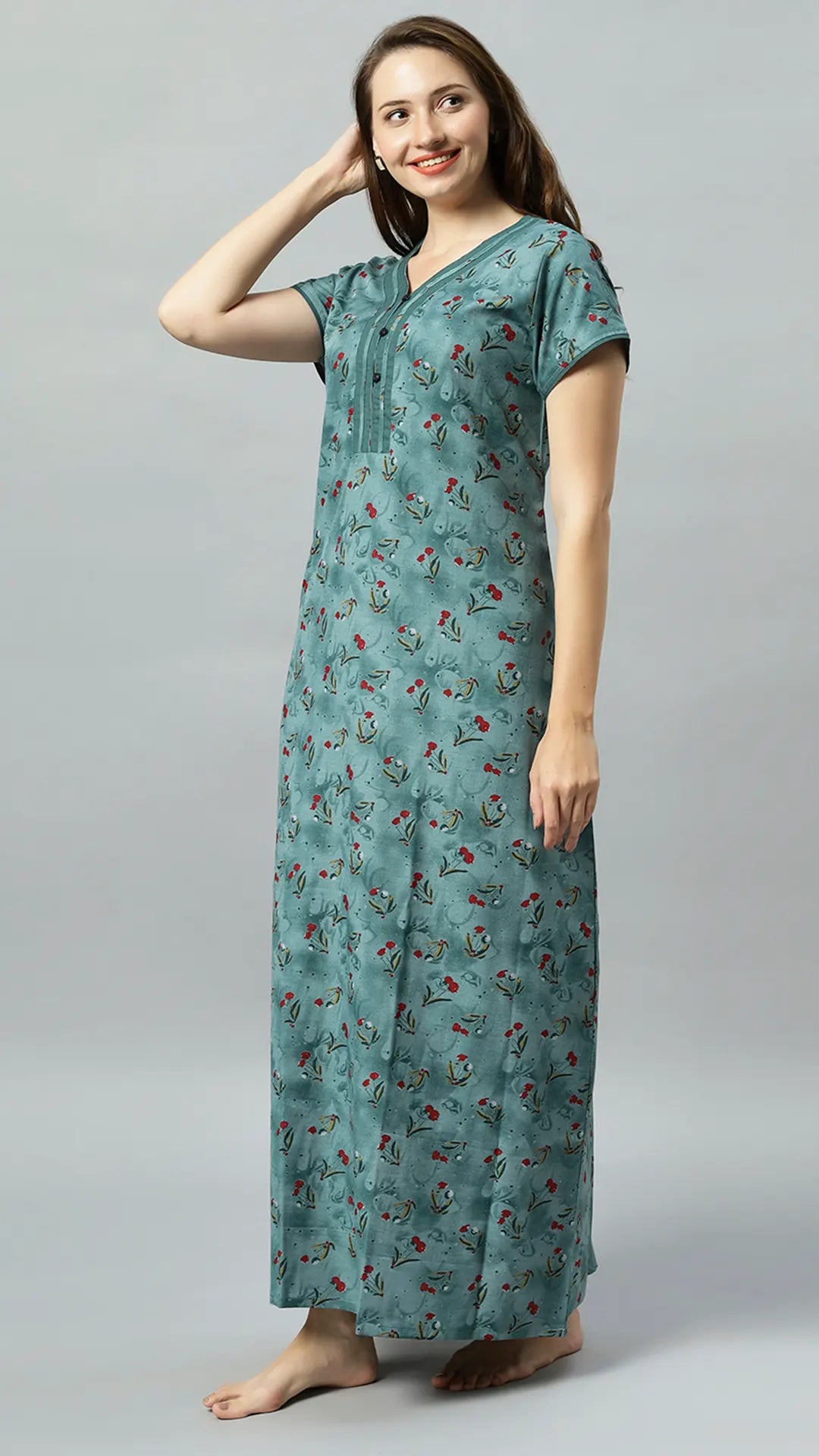 Sukanya Women's Blue, Green & Red, Floral Printed Poly Cotton Lounge Wear Gown - Regular Fit, V-neck, Half Sleeves
