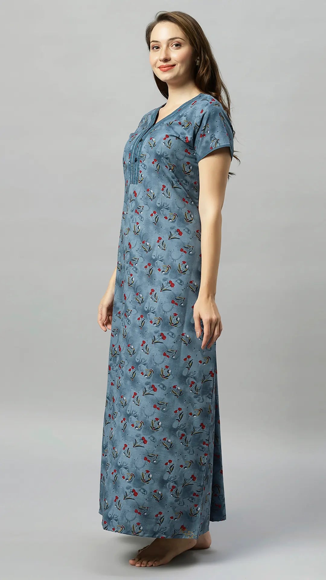 Sukanya Women's Blue, Green & Red, Floral Printed Poly Cotton Lounge Wear Gown - Regular Fit, V-neck, Half Sleeves