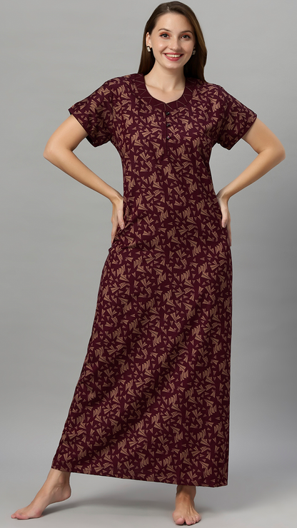 Sukanya Women's Leaf Print Lounge Wear Gown - Polly cotton, Regular Fit, Ideal For Women's, Lounge Wear, Half Sleeves, Round Neck