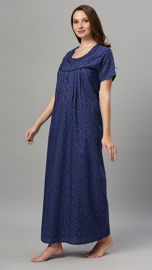 Sukanya Women's Floral Print Lounge Wear Gown - Poly Cotton, Regular Fit, Ideal For Women's, Lounge Wear, Flower Print, Half Sleeves, Round Neck, Blue, Red & Yellow