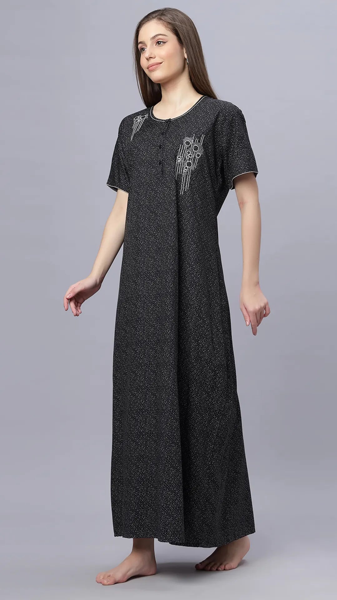 Sukanya Comfortable Women's Full Length Cotton Blend Half Sleeves Nighty, Black, Blue & Maroon, Soft and Elegant Print Sleepwear
