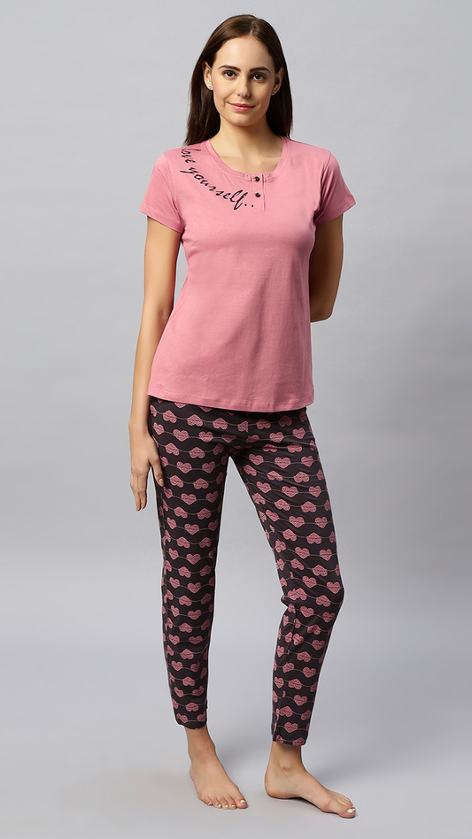 Sukanya Women's Printed Lounge Wear Top & Pyjama Set - Light Pink, Regular Fit, Ideal for Women's, Lounge Wear, Sinker Fabric, Half Sleeve, Round Neck