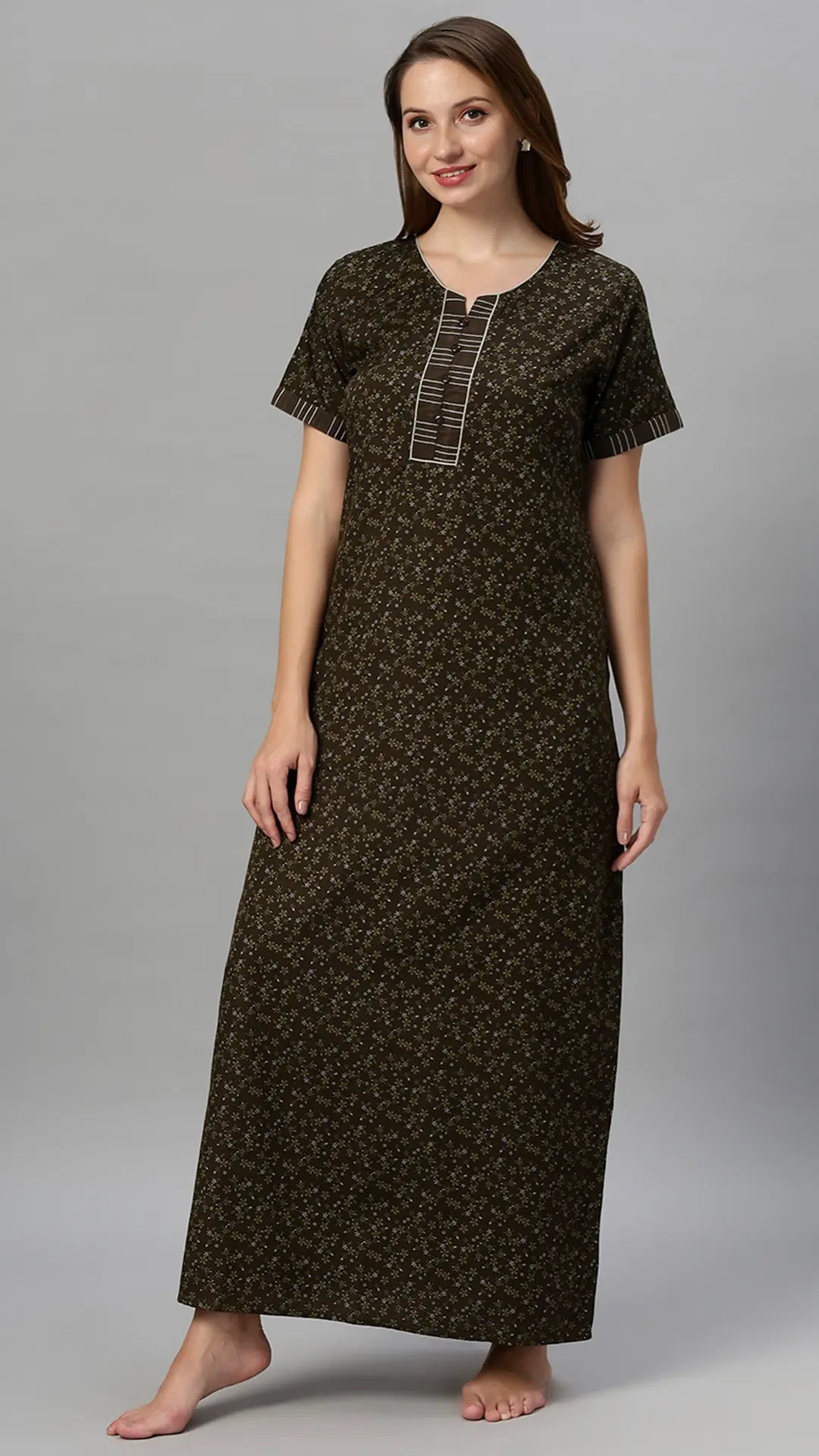 Suaknya Women's Floral Print Lounge Wear Gown  Polly Cotton, Regular Fit, Half Sleeves, V Neck