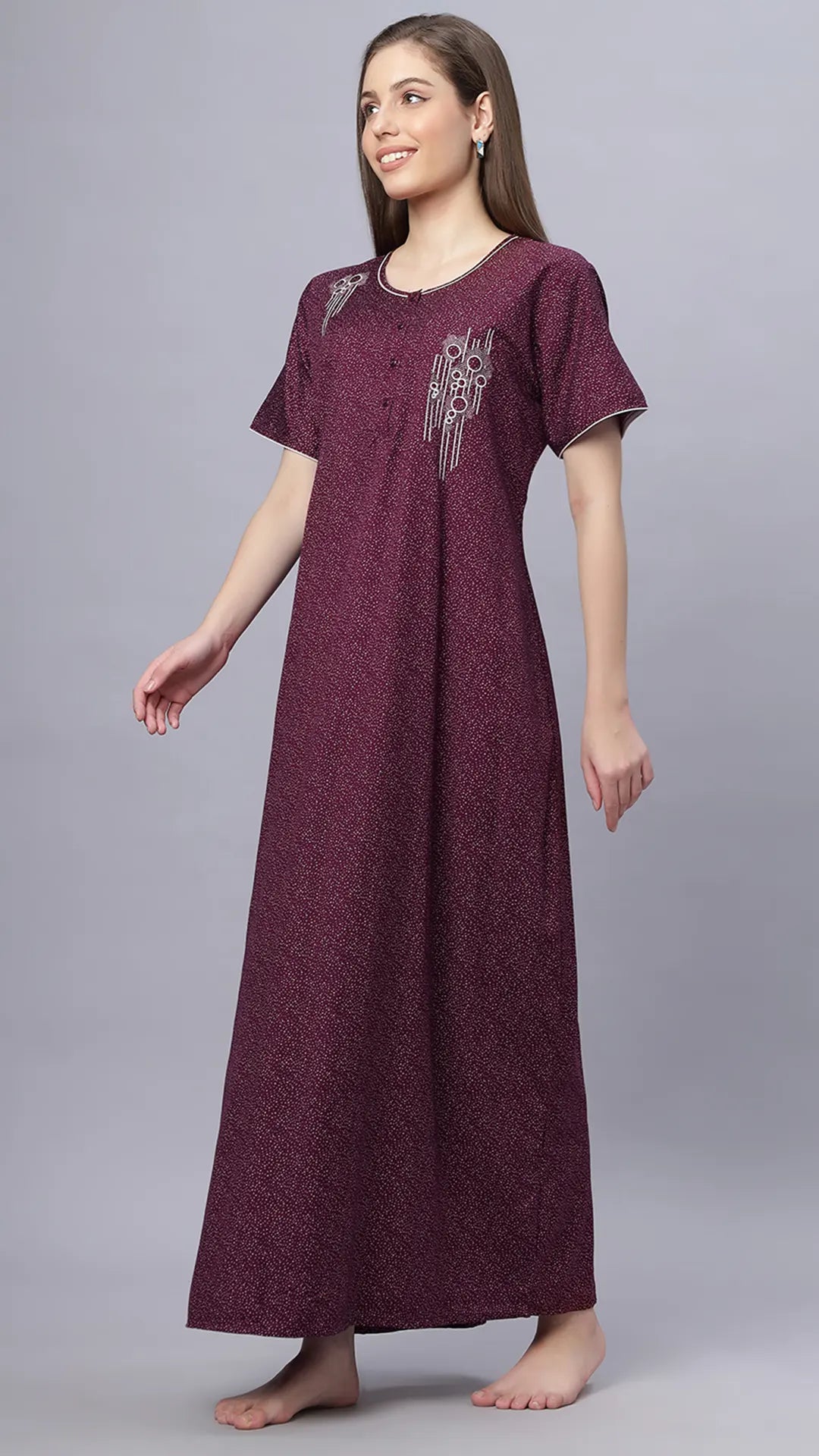 Sukanya Comfortable Women's Full Length Cotton Blend Half Sleeves Nighty, Black, Blue & Maroon, Soft and Elegant Print Sleepwear